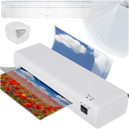 Laminator 4 in 1 format A4 VarioShop®, pentru documente si fotografii, cu 2 moduri de lucru, taiere, colturi rotunjite, 60 folii incluse, 500 W, alb