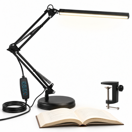 Bricolaj & Gradina - Lampa de birou LED VarioShop®, cu clema si brat reglabil, pentru citit si studiu, baza inclusa, 3 nuante de lumina, 10 trepte de luminozitate, USB, neagra