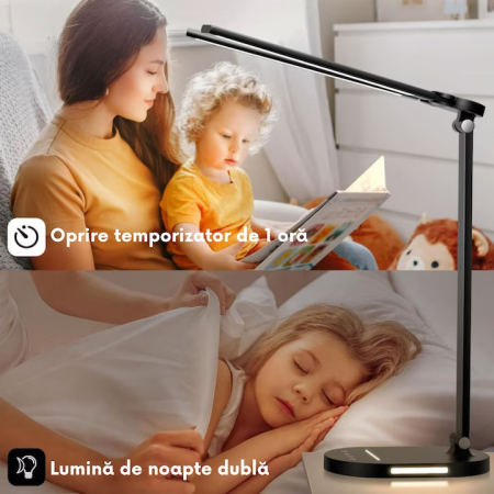 Lampa de birou LED VarioShop®, inaltime reglabila, 3 moduri de iluminare, 10 nivele de intensitate, protectie ochi, pentru banc de lucru, lectura, relaxare, Negru [6]