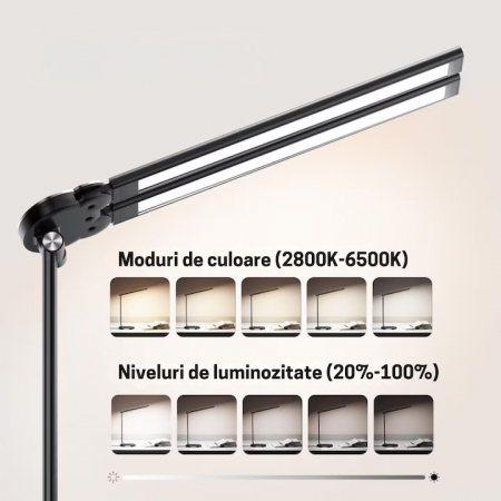 Lampa de birou LED VarioShop®, inaltime reglabila, 3 moduri de iluminare, 10 nivele de intensitate, protectie ochi, pentru banc de lucru, lectura, relaxare, Negru [4]