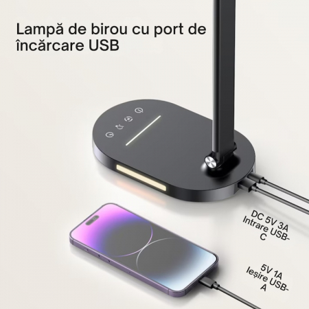 Lampa de birou LED VarioShop®, inaltime reglabila, 3 moduri de iluminare, 10 nivele de intensitate, protectie ochi, pentru banc de lucru, lectura, relaxare, Negru [3]