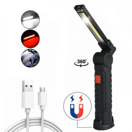 Lampa de lucru LED COB VarioShop®, cu acumulator, portabila, baza magnetica, cu carlig, rotativa 360 grade, rezistenta la apa, incarcare USB, Negru [16]