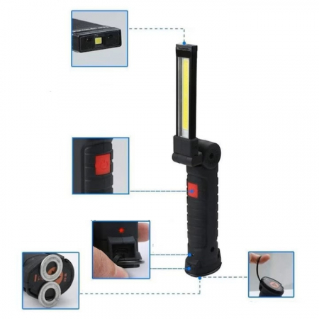 Lampa de lucru LED COB VarioShop®, cu acumulator, portabila, baza magnetica, cu carlig, rotativa 360 grade, rezistenta la apa, incarcare USB, Negru [18]