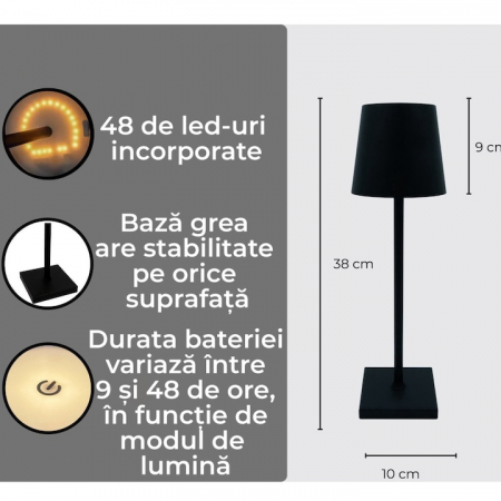 Lampa de masa touch led incarcabila VarioShop®, veioza ambientala cu control tactil, functie de schimbare a intesitatii, 3 temperaturi de culoare cald, neutru, rece, 5 W, acumulator 5200 mah, 37 x 9, [2]