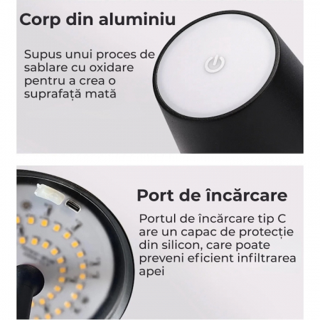 Lampa de masa touch led incarcabila VarioShop®, veioza ambientala cu control tactil, functie de schimbare a intesitatii, 3 temperaturi de culoare cald, neutru, rece, 5 W, acumulator 5200 mah, 37 x 9, [3]