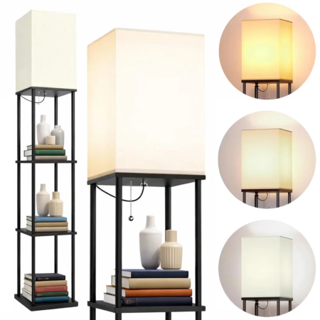 Veioze si lampi - Lampa de podea cu rafturi VarioShop®, 2 in 1, cu abajur si cadru metalic, bec LED E27 inclus, pentru living, dormitor, birou si hol, 160 x 26 cm, negru/nuanta deschisa