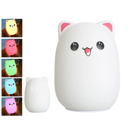 Lampi de veghe copii - Lampa de veghe pentru copii VarioShop®, in forma de pisica, silicon moale, RGB, control tactil, USB, 5 culori, baterie reincarcabila 1200mAh, Alb/Roz