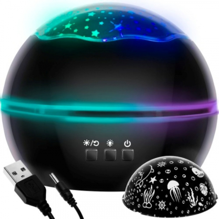 Lampi de veghe copii - Lampa de veghe pentru copii VarioShop®, Proiector cu Stele si Luna / Viata Marina, Ideal pentru Somn, Camera Copilului, 2 Filtre Detasabile, 12 x 12 x 10 cm, Negru