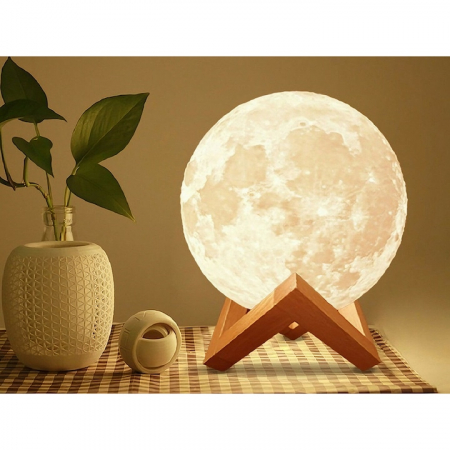 Lampa de veghe VarioShop®, model luna 3D, 12 moduri iluminare, suport lemn, incarcare USB, 18 cm [11]
