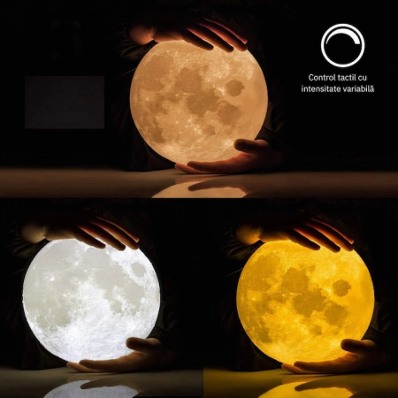 Lampa de veghe VarioShop®, model luna 3D, 12 moduri iluminare, suport lemn, incarcare USB, 18 cm [5]