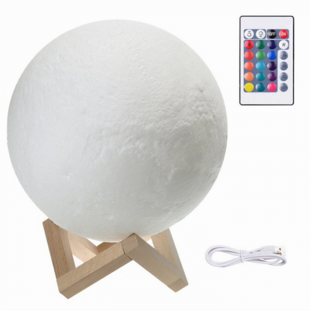 Lampa de veghe VarioShop®, model luna 3D, 12 moduri iluminare, suport lemn, incarcare USB, 18 cm [20]