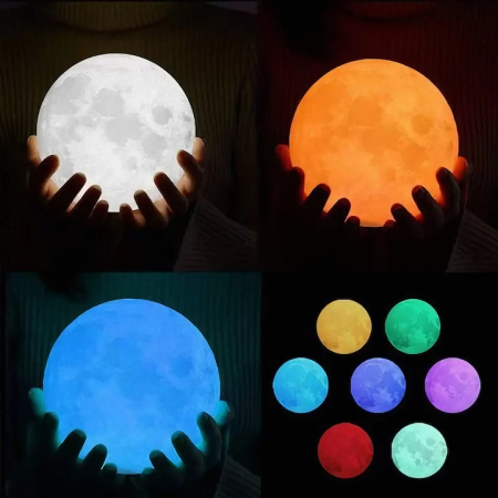 Lampa de veghe VarioShop®, model luna 3D, 12 moduri iluminare, suport lemn, incarcare USB, 18 cm [9]