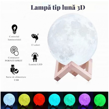 Lampa de veghe VarioShop®, model luna 3D, 12 moduri iluminare, suport lemn, incarcare USB, 18 cm [16]