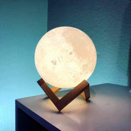 Lampa de veghe VarioShop®, model luna 3D, 12 moduri iluminare, suport lemn, incarcare USB, 18 cm [14]