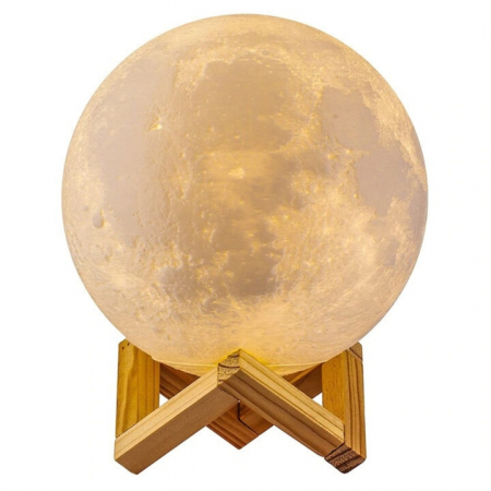 Iluminat & electrice - Lampa de veghe VarioShop®, model luna 3D, 12 moduri iluminare, suport lemn, incarcare USB, 18 cm