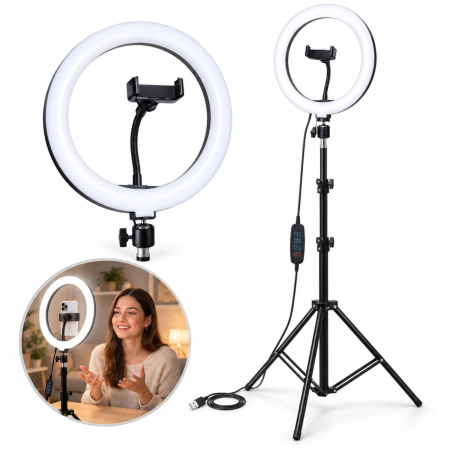 Bricolaj & Gradina - Lampa circulara LED VarioShop, pentru machiaj si continut video, lumina calda, neutra si rece, intensitate reglabila, suport telefon ,diametru 26 cm, USB, 60W, trepied pana la 220 cm