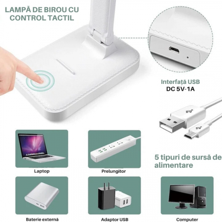 Lampa LED pentru birou VarioShop®, 3 Niveluri de reglare a luminozitatii, Design pliabil si ajustabil, Control tactil, Alimentare USB, Cap rotativ 180°, Ideala pentru birou, dormitor sau living, Culoa [10]