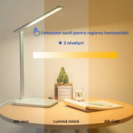 Lampa LED VarioShop®, Veioza cu Incarcator Wireless Fast Charge Universal, Touch Control, Timer, Iluminare Reglabila, Brat Reglabil, 37 x 12 x 17 cm, Alb [4]