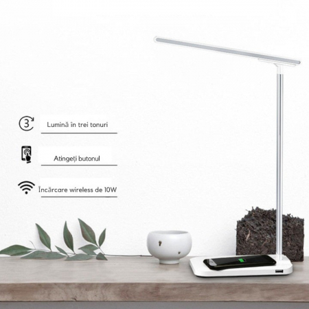 Lampa LED VarioShop®, Veioza cu Incarcator Wireless Fast Charge Universal, Touch Control, Timer, Iluminare Reglabila, Brat Reglabil, 37 x 12 x 17 cm, Alb [3]
