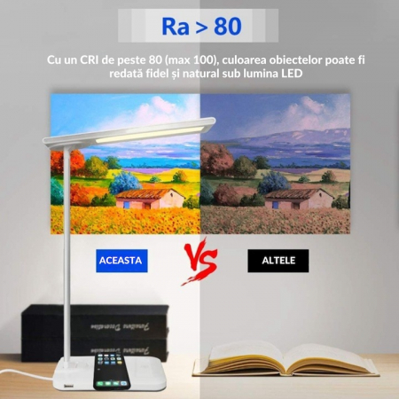 Lampa LED VarioShop®, Veioza cu Incarcator Wireless Fast Charge Universal, Touch Control, Timer, Iluminare Reglabila, Brat Reglabil, 37 x 12 x 17 cm, Alb [5]