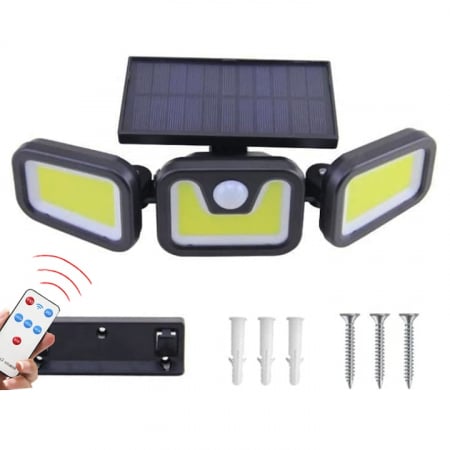 Iluminat & electrice - Lampa Solara 103 COB LED VarioShop®, Senzor de Lumina, Senzor de Miscare, 3 Moduri de Iluminare, Telecomanda cu Functii Multiple, Putere 120 W, Clasa A, IP67 Wateproof, Negru