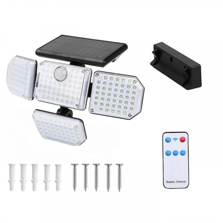 Lampa solara LED de exterior VarioShop ®, Senzor de Miscare de Pana la 5 metri, Telecomanda si 4 Moduri de Functionare Diferite, 181 LED-uri, Impermeabilitate IP65, Unghi Reglabil, Neagra [18]