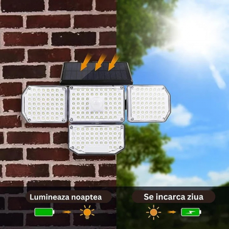 Lampa solara LED de exterior VarioShop ®, Senzor de Miscare de Pana la 5 metri, Telecomanda si 4 Moduri de Functionare Diferite, 181 LED-uri, Impermeabilitate IP65, Unghi Reglabil, Neagra [7]