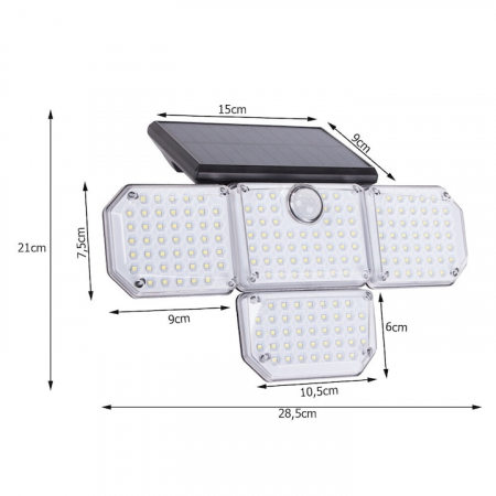 Lampa solara LED de exterior VarioShop ®, Senzor de Miscare de Pana la 5 metri, Telecomanda si 4 Moduri de Functionare Diferite, 181 LED-uri, Impermeabilitate IP65, Unghi Reglabil, Neagra [1]