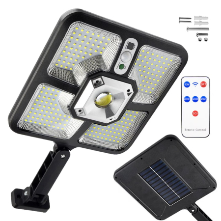 Lampi solare - Lampa solara LED VarioShop®, 220 SMD + 15 COB cu senzor de miscare si telecomanda, 4 moduri iluminare, IP 65, panou solar, pentru gradina, curte, alee, Negru