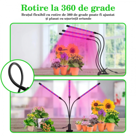 Lampa UV pentru cresterea plantelor pentru interior cu 3 brate reglabile VarioShop®, lumina LED, 3 Moduri, 9 trepte intensitate, cu temporizator, mod de prindere: cleste, alimentare priza si USB, Negr [10]