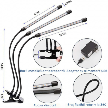 Lampa UV pentru cresterea plantelor pentru interior cu 3 brate reglabile VarioShop®, lumina LED, 3 Moduri, 9 trepte intensitate, cu temporizator, mod de prindere: cleste, alimentare priza si USB, Negr [1]