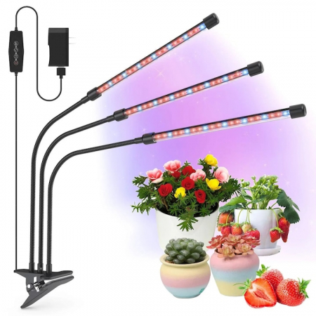 Proiectoare si lampi de lucru - Lampa UV pentru cresterea plantelor pentru interior cu 3 brate reglabile VarioShop®, lumina LED, 3 Moduri, 9 trepte intensitate, cu temporizator, mod de prindere: cleste, alimentare priza si USB, Negr