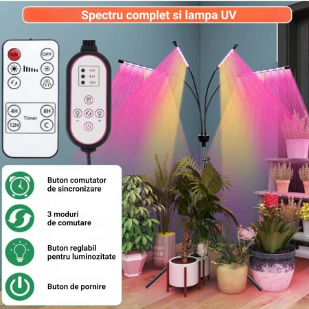 Lampa UV pentru cresterea plantelor pentru interior cu 4 brate reglabile VarioShop®, lumina LED, 3 Moduri, 9 trepte intensitate, cu temporizator, cu trepied reglabil pe inaltime, alimentare priza si U [4]