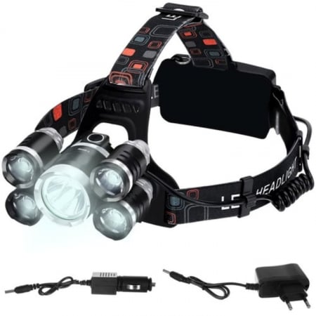 Iluminat & electrice - Lanterna de cap LED VarioShop®, 4 moduri de lumina, cu acumulatori si zoom, ajustat vertical cu 90°, rezistenta la apa, pentru drumetii, biciclisti, uz casnic, din aluminiu, Negru