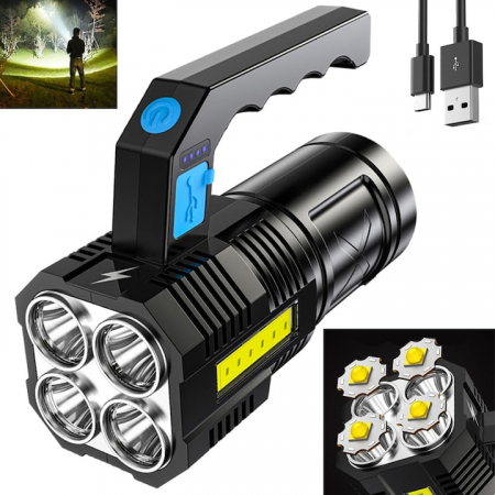 Lanterna LED Portabila VarioShop®, 4 Moduri De Iluminare, Impermeabilitate IPX4, Indicator Nivel Baterie, Distanta Lumina 300 m, Incarcare Rapida, 14.5 x 6 x 5.5 cm, Negru [13]