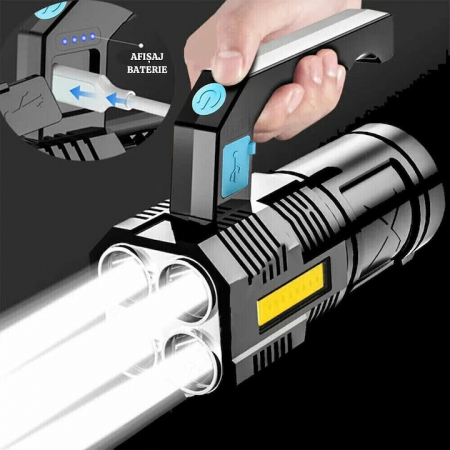 Lanterna LED Portabila VarioShop®, 4 Moduri De Iluminare, Impermeabilitate IPX4, Indicator Nivel Baterie, Distanta Lumina 300 m, Incarcare Rapida, 14.5 x 6 x 5.5 cm, Negru [9]