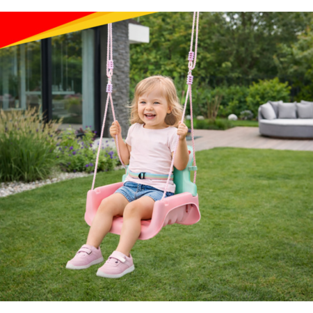 Leagan copii 3 in 1 VarioShop®, cu bara protectie si spatar detasabile, franghii reglabile 120-150 cm, antiderapant, pentru interior si gradina, roz/verde