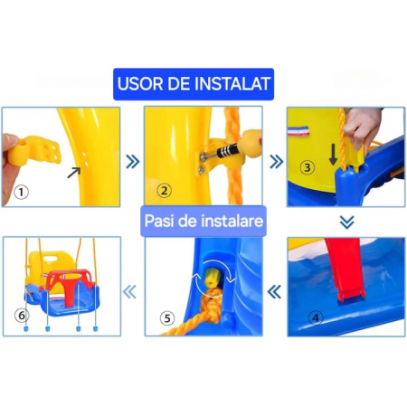 Leagan pentru Copii, 3 in 1, VarioShop®, Bara Protectie Detasabila, Centura Siguranta, Inele Prindere, Franghie Ajustabila 1.8 m, Spatar Detasabil, Functie Anti Rasturnare, 43 x 35 x 38 cm, Albastru [7]