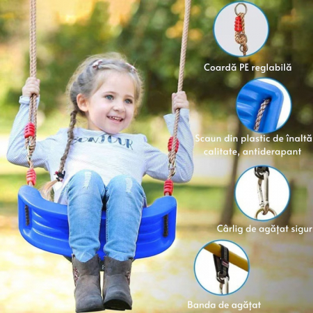 Leagan pentru copii Varioshop din plastic rezistent, cu franghii reglabile 175 cm si elemente de prindere, suporta pana la 50 kg, 43 x 16, 5 cm, Albastru [3]