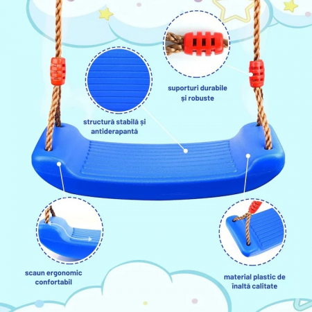 Leagan pentru copii Varioshop din plastic rezistent, cu franghii reglabile 175 cm si elemente de prindere, suporta pana la 50 kg, 43 x 16, 5 cm, Albastru [8]