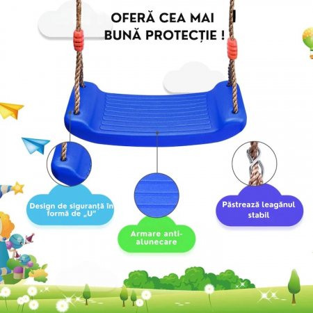 Leagan pentru copii Varioshop din plastic rezistent, cu franghii reglabile 175 cm si elemente de prindere, suporta pana la 50 kg, 43 x 16, 5 cm, Albastru [12]