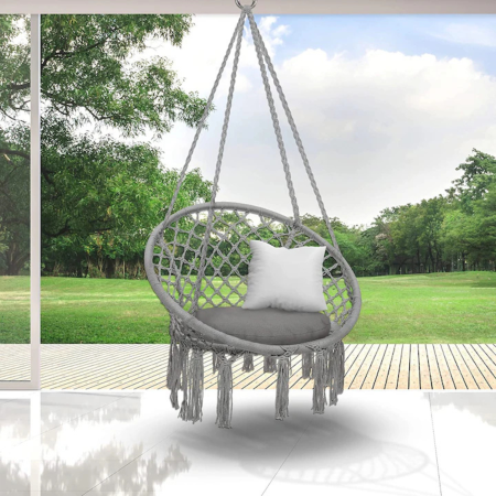 Leagan suspendat tip balansoar, Varioshop, cu perna, cadru metalic, diametru 80 cm, sezut 60 cm, franghie reglabila 90-115 cm, sarcina maxima 150 kg, gri