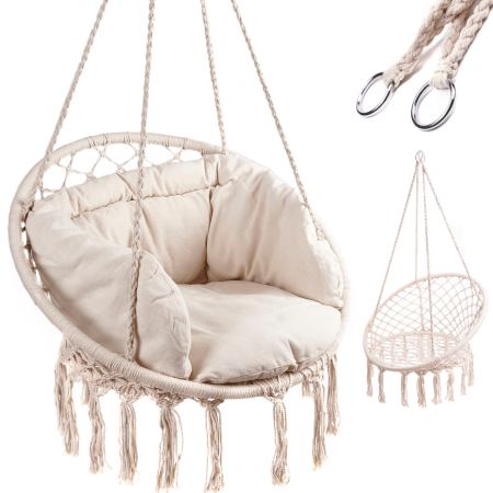 Mobila gradina & terasa - Leagan suspendat tip fotoliu Varioshop, cu perne, diametru 80 cm, bej, pentru interior si exterior, suport 150 kg