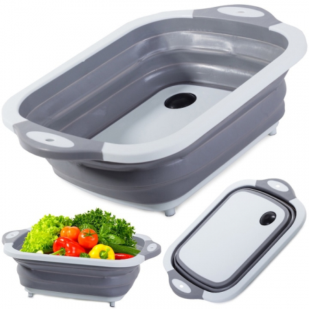 Cosuri pentru rufe si Ligheane - Lighean pliabil multifunctional VarioShop®, tocator, sistem de scurgere, capacitate 5 L, compact, silicon, 40 x 20 cm, Gri