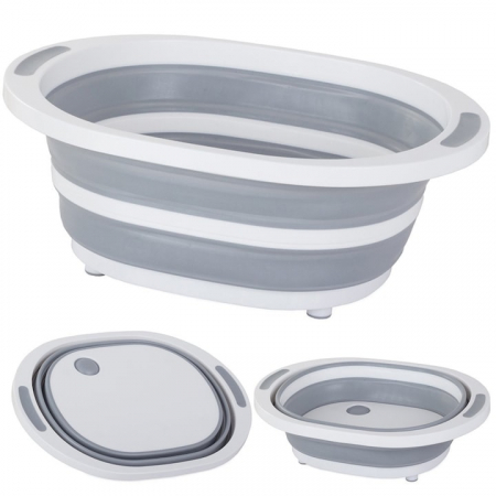 Cosuri pentru rufe si Ligheane - Lighean pliabil multifunctional VarioShop®, tocator, sistem de scurgere, capacitate 5 L, compact, silicon, dimensiune 40 x 15 x 32 cm, Gri/Alb