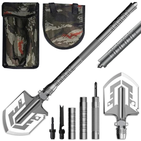 Accesorii camping si drumetii - Lopata multifunctionala VarioShop®, instrument complet pentru supravietuire, camping si urgente, otel de inalta calitate, 18 functii, compacta, ultra-utila, Argintiu