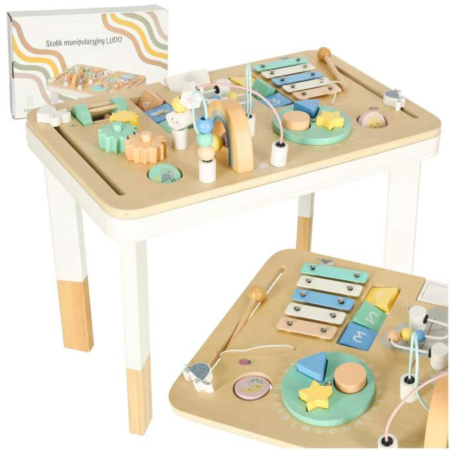 Jucarii & jocuri educative - Masa educativa interactiva din lemn VarioShop®, cu xilofon, labirint, pinioane, sortator forme si jocuri motorii, masa multifunctionala pentru copii 3 ani+, 47.5x29.5x37 cm