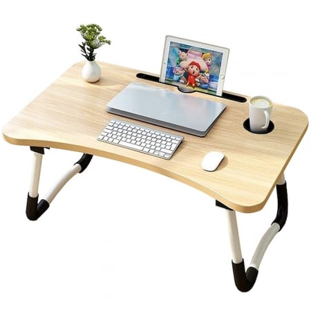 BACK TO SCHOOL - Masa Pliabila MultiFunctionala VarioShop®, Pentru Laptop sau Mic-Dejun la Pat, Suport pentru Tableta/Telefon/Pahar, Dimensiune 28 x 60 x 40cm, Bej