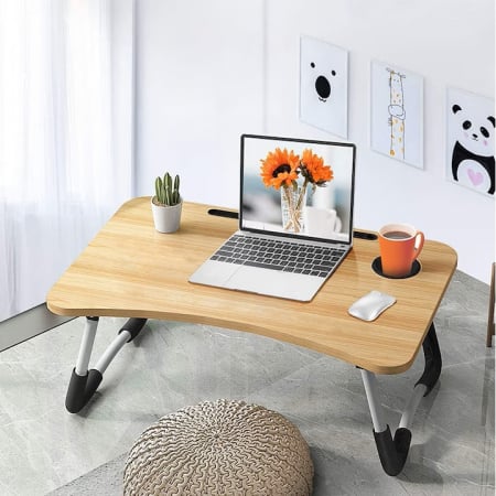 Masa Pliabila MultiFunctionala VarioShop®, Pentru Laptop sau Mic-Dejun la Pat, Suport pentru Tableta/Telefon/Pahar, Dimensiune 28 x 60 x 40cm, Bej [2]