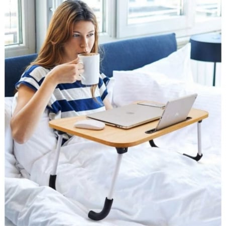 Masa Pliabila MultiFunctionala VarioShop®, Pentru Laptop sau Mic-Dejun la Pat, Suport pentru Tableta/Telefon/Pahar, Dimensiune 28 x 60 x 40cm, Bej [7]